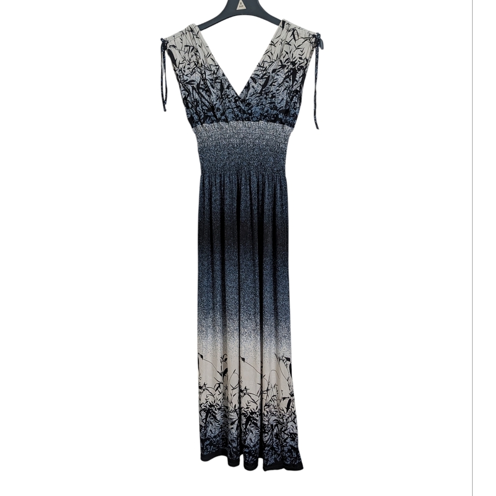Elegant Ombre Maxi Dress Ruching Plants Nature Water Women's S Black Blue White